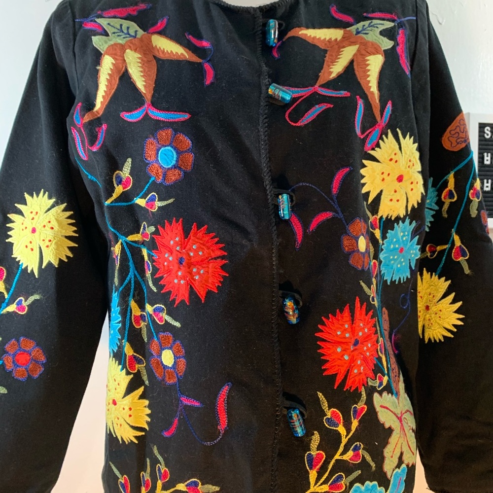 Alex Kim Vintage Hippie Black Colorful Floral Embroidered Shirt Jacket - Picture 4 of 9